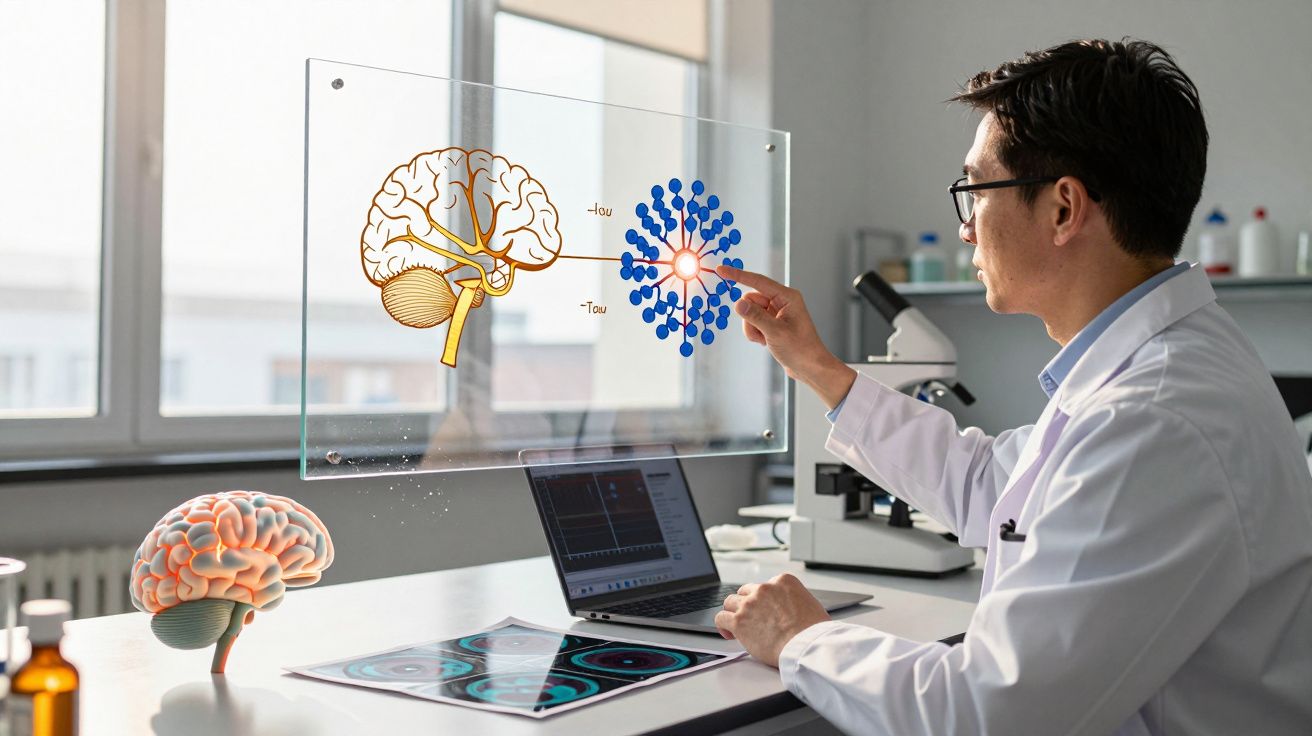 Cientista a analisar imagens digitais do cérebro num laboratório moderno com equipamento de neurociência.