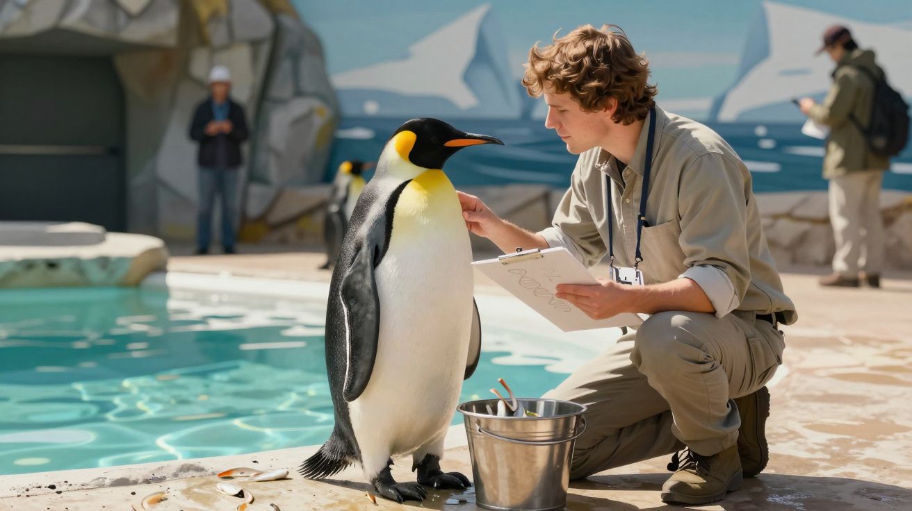 Tratador interage com pinguim junto a piscina em ambiente de zoológico ou aquário.