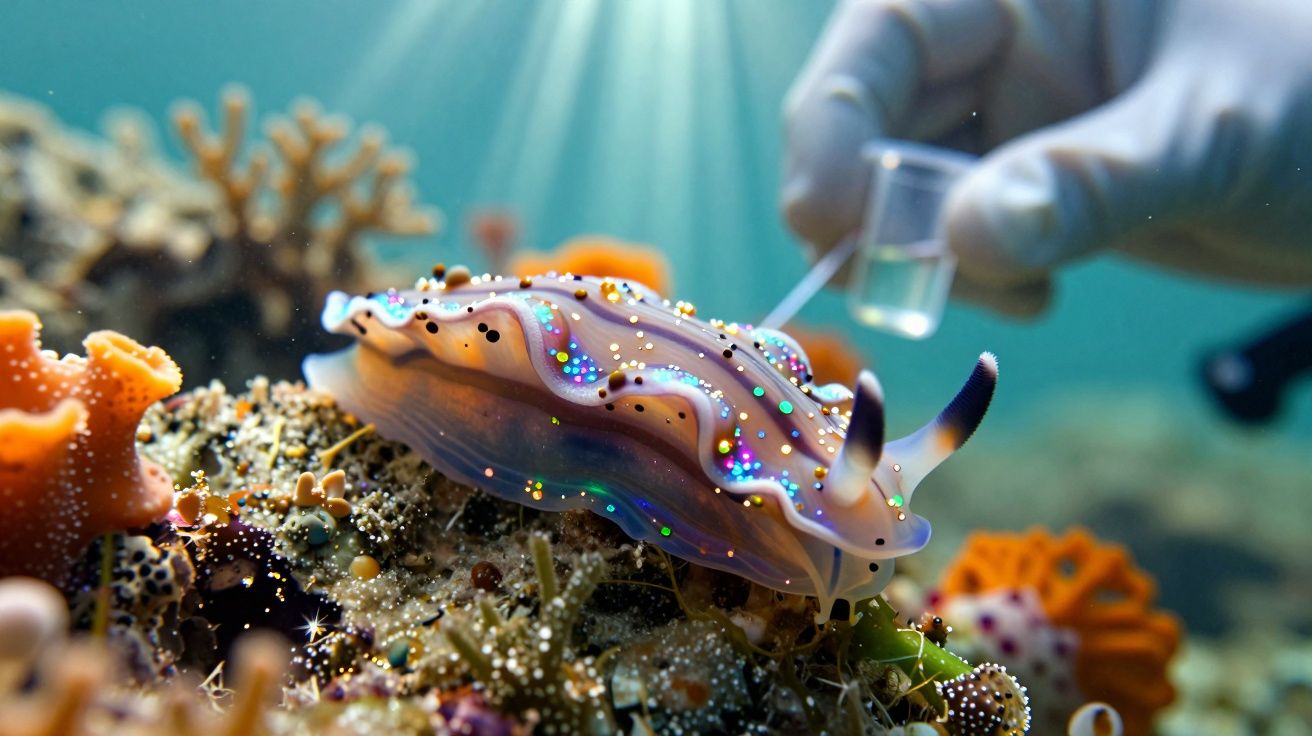 Nudibrânquio colorido com manchas brilhantes numa mão com luva a adicionar pequenos pontos coloridos.