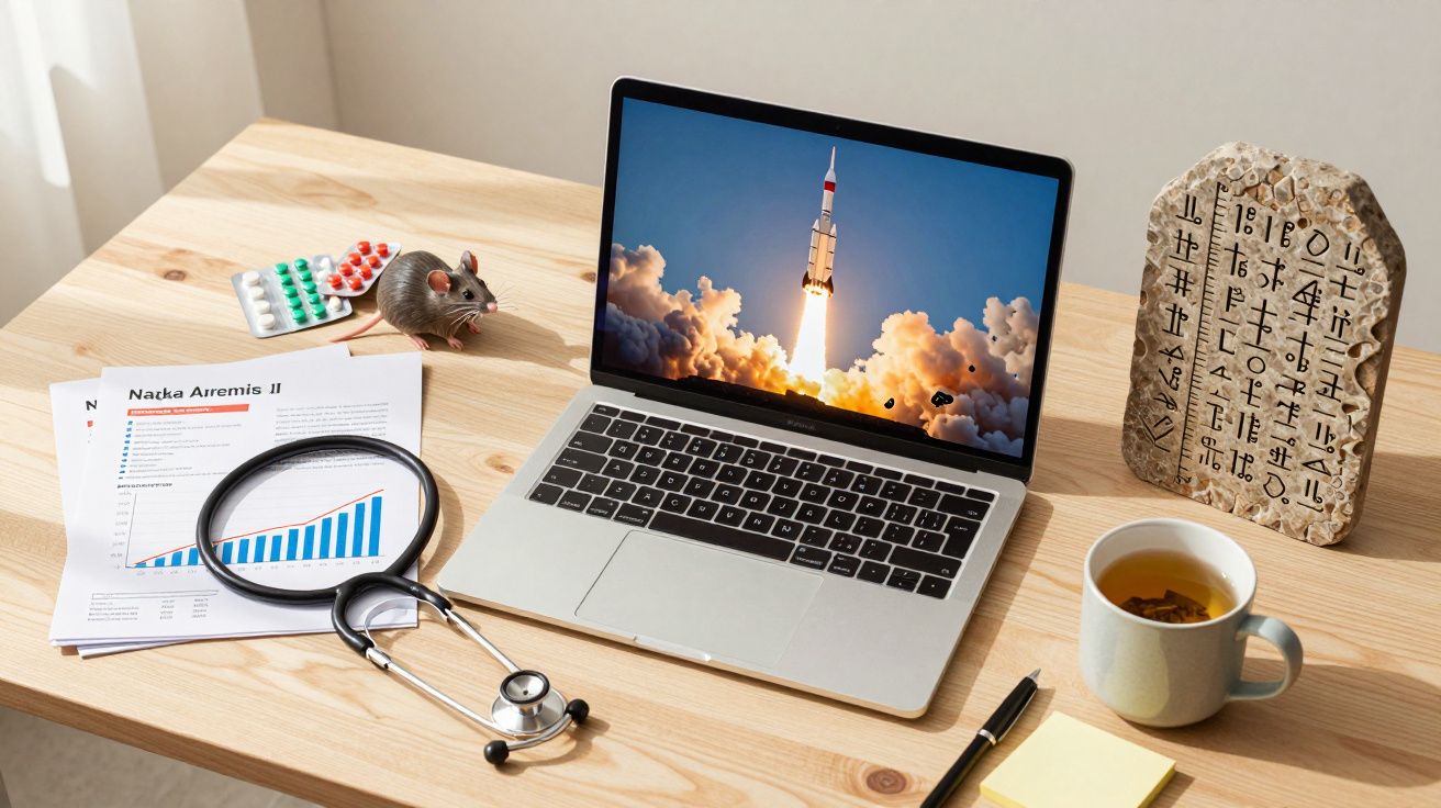 Mesa com portátil a mostrar lançamento de foguetão, documentos, estetoscópio, pílulas, rato de brinquedo, pedra com inscriçõe