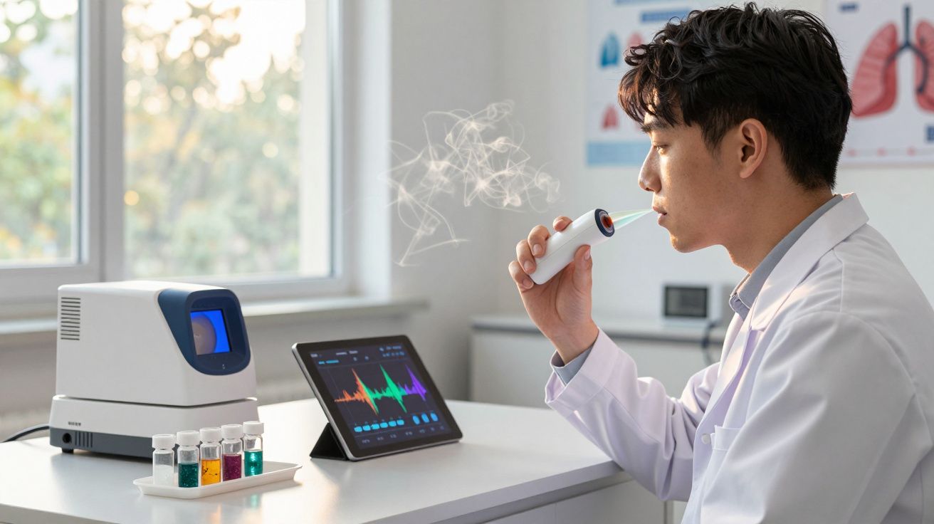 Cientista em bata branca utiliza dispositivo portátil para análise respiratória num laboratório moderno.