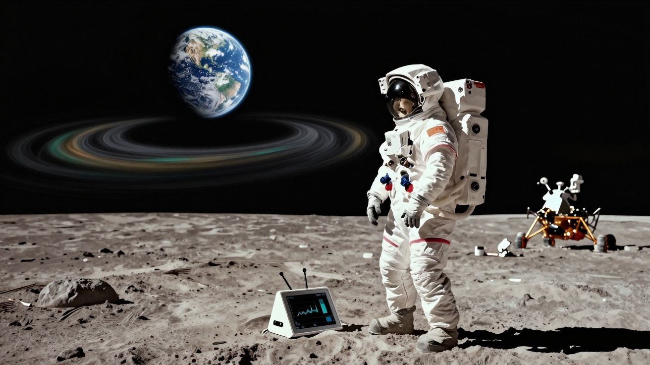 Astronauta em fato espacial na superfície lunar com a Terra e uma sonda ao fundo.