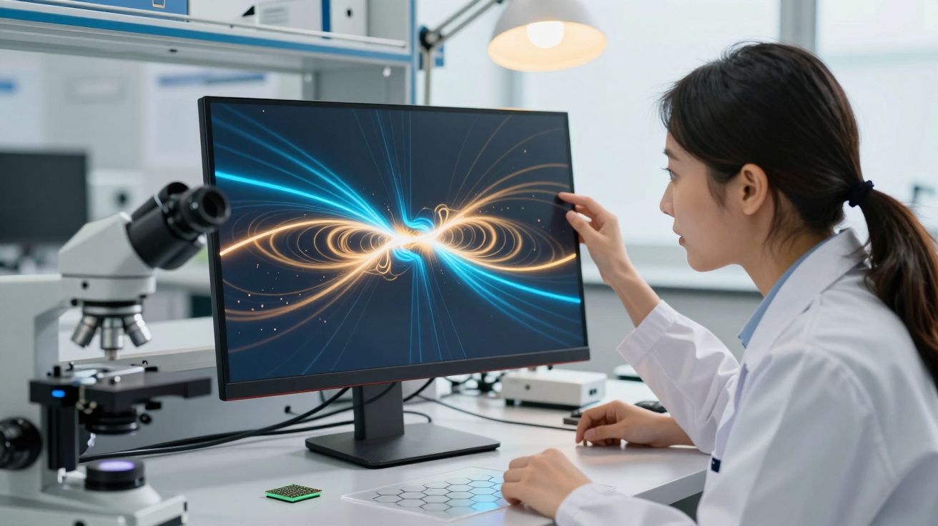 Cientista em laboratório a analisar simulação digital de campos magnéticos no ecrã do computador.