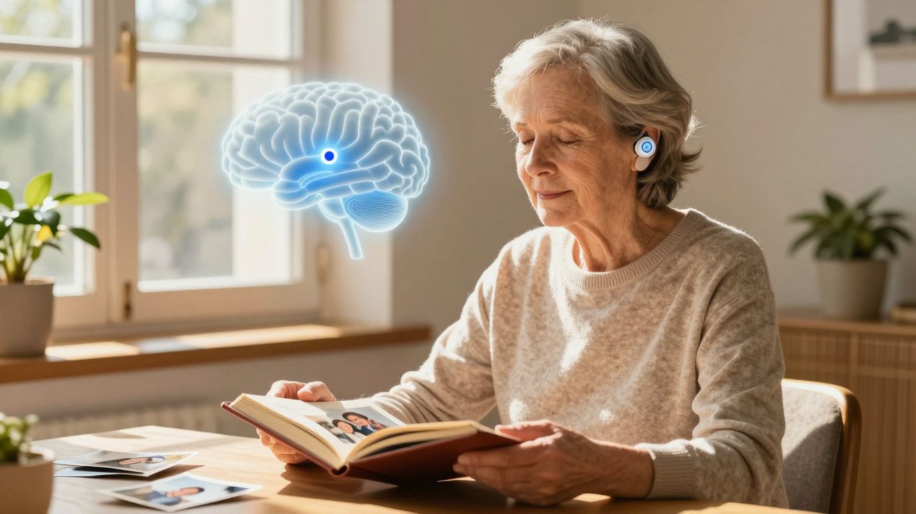 Mulher idosa com auscultadores lê livro, com ilustração de cérebro azul ao lado, em ambiente luminoso.