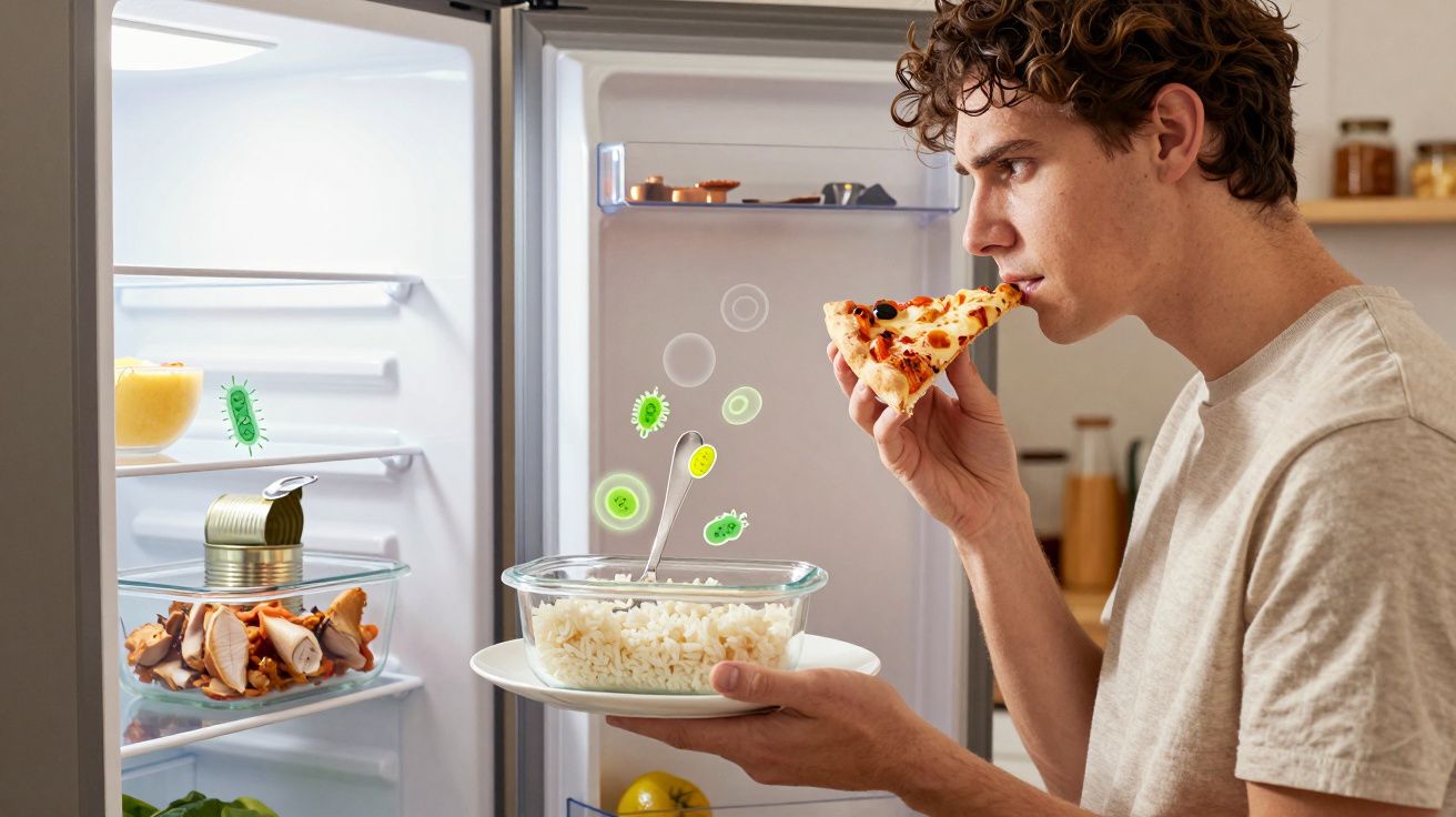 Homem a comer pizza junto a frigorífico aberto com comida e sinais gráficos de bactérias visíveis.