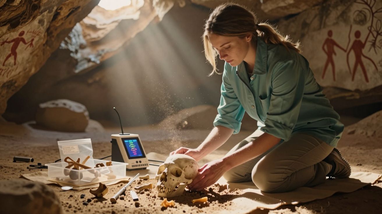 Mulher arqueóloga examina um crânio humano numa caverna com pinturas rupestres ao fundo.