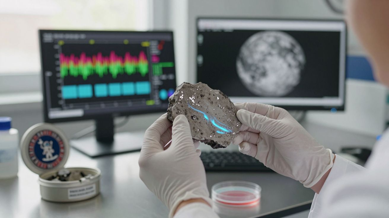 Mãos com luvas seguram fragmento de rocha com traços azuis fluorescentes em laboratório com ecrãs ao fundo.