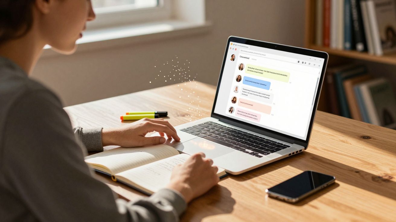 Pessoa a usar computador portátil para conversa online enquanto estuda com caderno e telefone na mesa de madeira.
