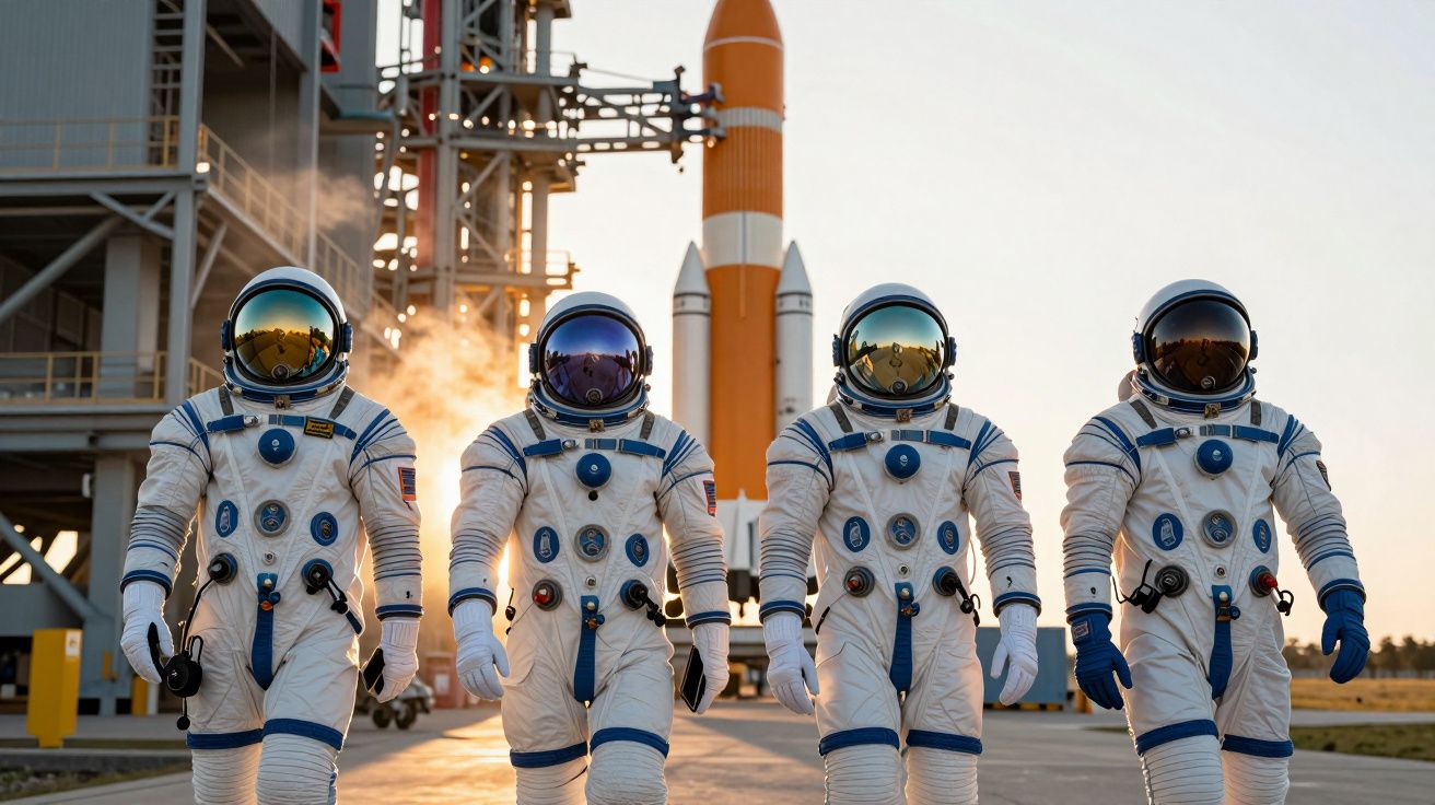 Quatro astronautas de fato espacial branco caminham em direção à câmara, com foguetão ao fundo.