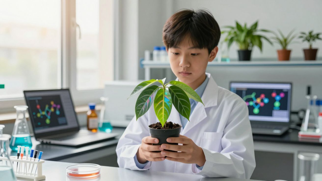 Jovem cientista em bata branca a examinar planta em vaso num laboratório com equipamentos científicos ao fundo.