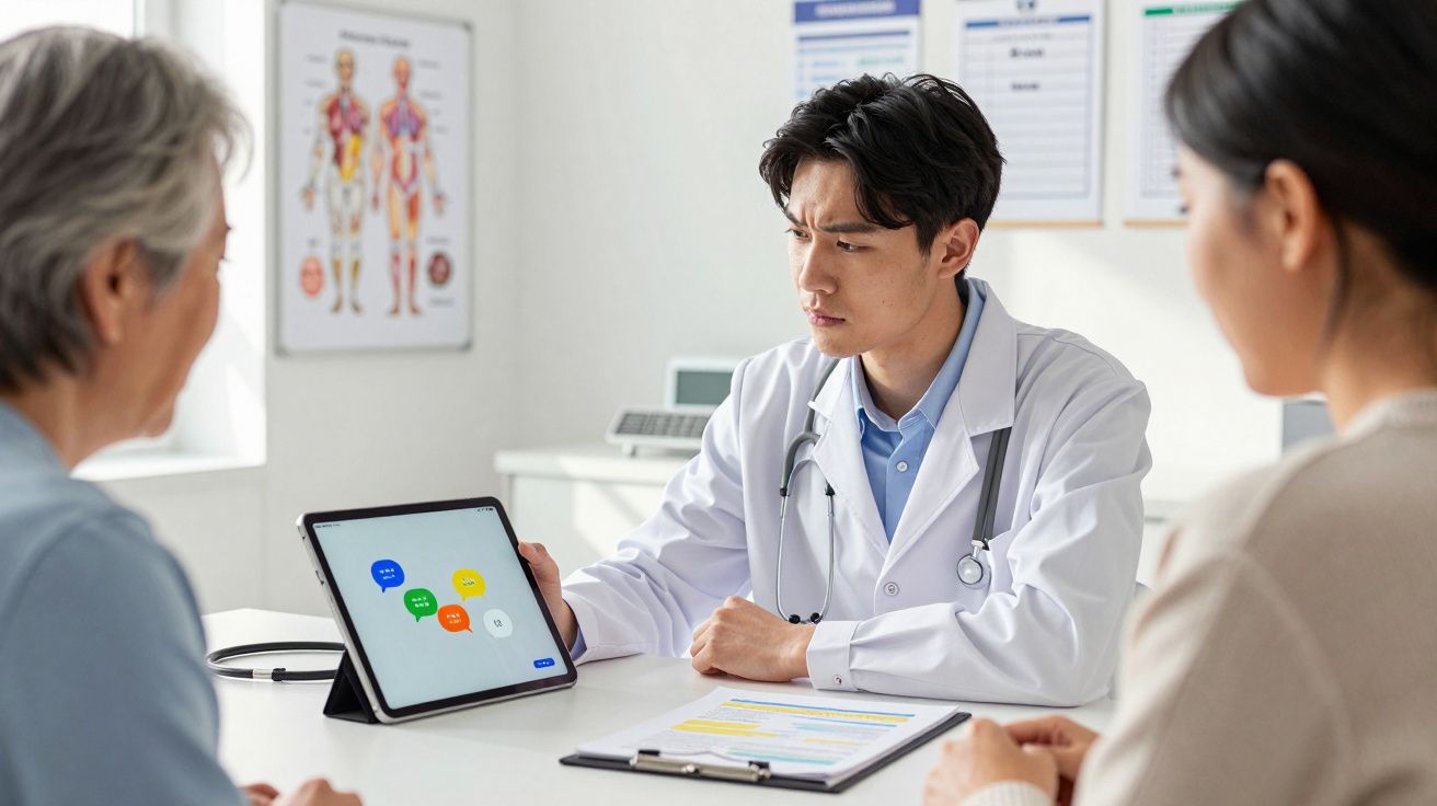 Médico a consultar pacientes, mostrando informações num tablet numa sala de consultório médico.