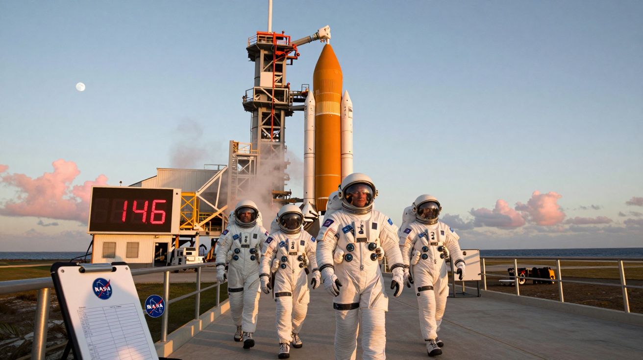 Quatro astronautas a caminhar na plataforma de lançamento com foguetão e painel digital ao fundo.