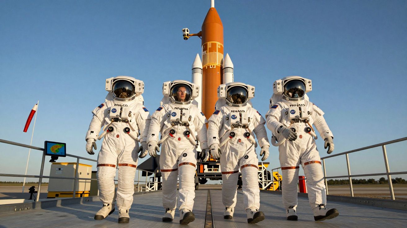 Quatro astronautas em fatos espaciais brancos a caminhar numa plataforma com foguetão ao fundo.