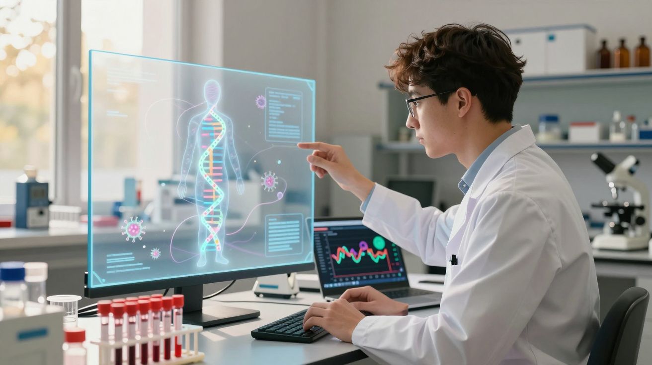 Cientista em laboratório usando holograma digital de DNA e vírus para pesquisa genética.