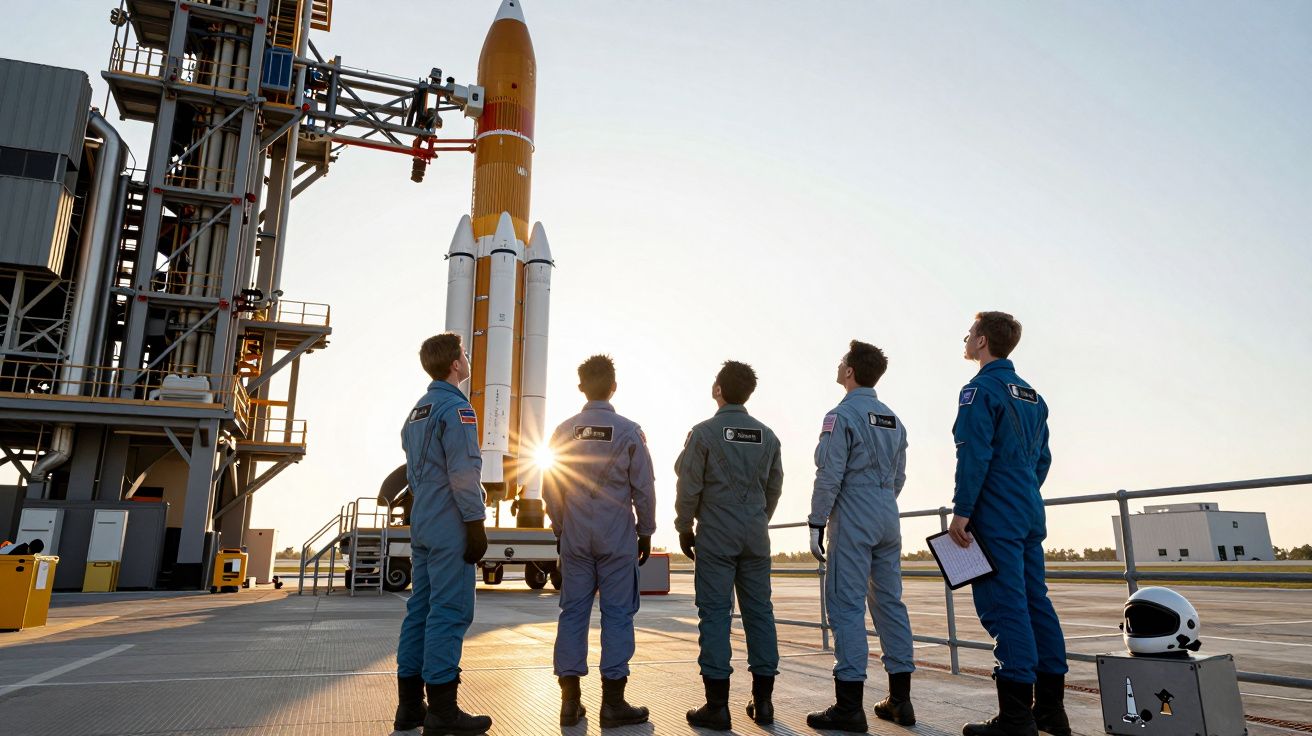 Cinco astronautas em fato espacial observam um foguetão na plataforma de lançamento ao pôr do sol.