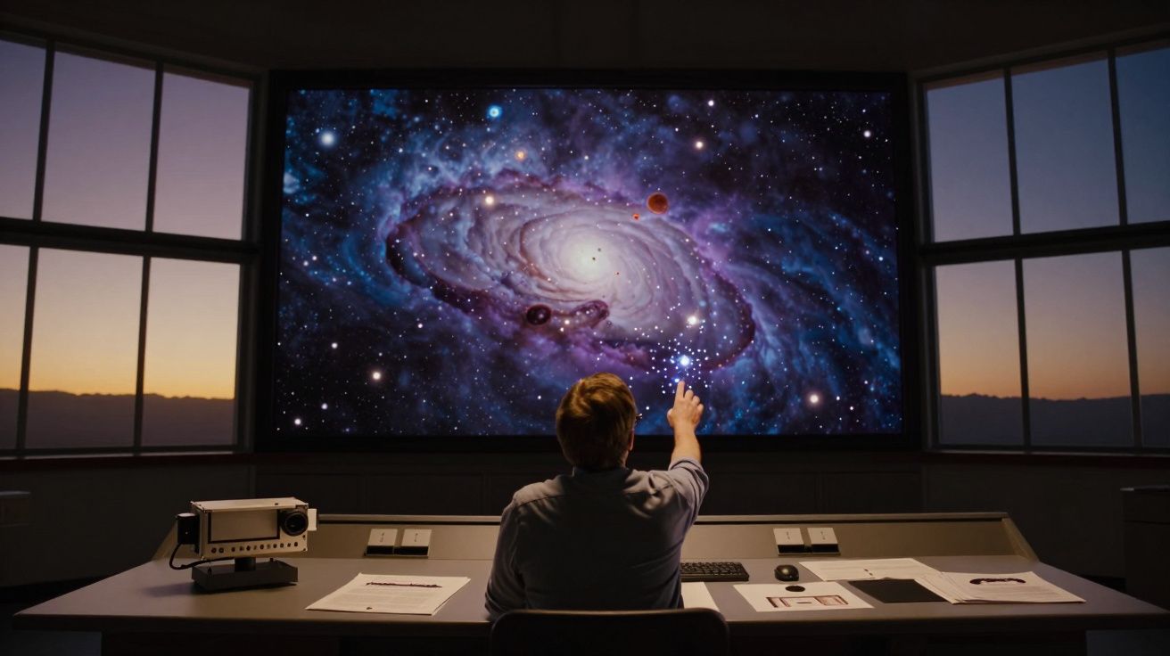 Pessoa a observar e apontar para uma imagem de galáxia num ecrã grande, numa sala com janelas ao pôr do sol.