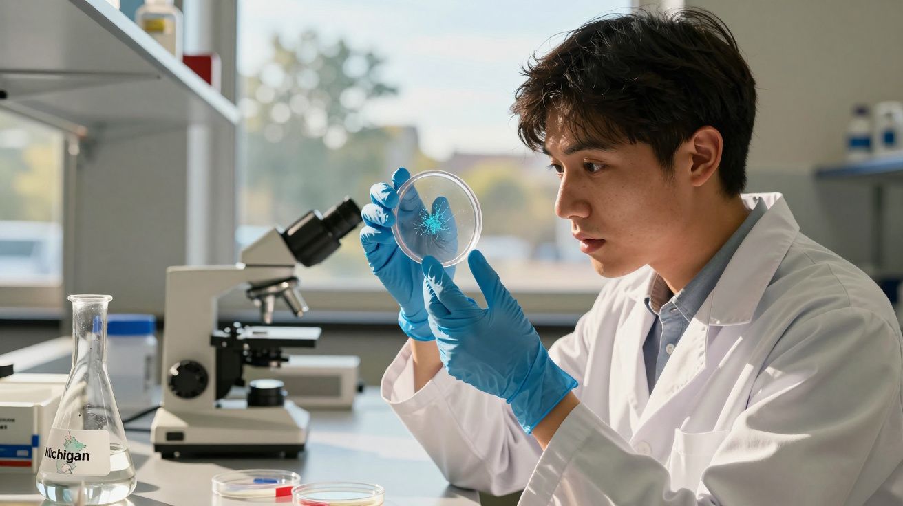 Cientista asiático com bata branca e luvas azuis examina cultura em placa de Petri no laboratório.