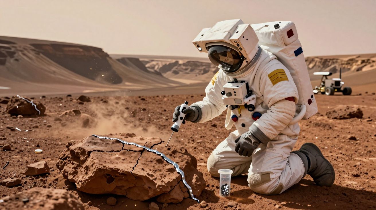 Astronauta em fato espacial analisa rocha com fendas brilhantes numa paisagem árida e avermelhada.