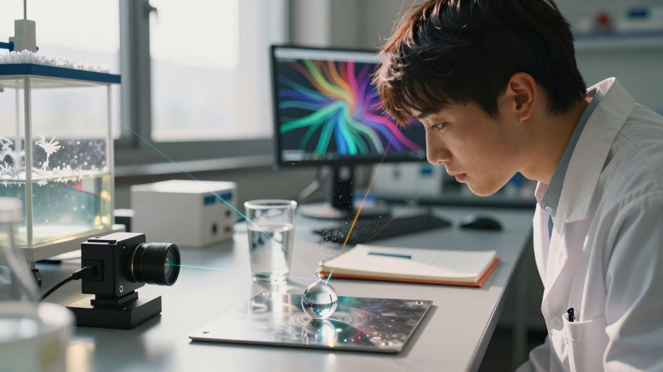 Homem de jaleco branco a observar experimento científico com lente e esfera de vidro numa mesa de laboratório.