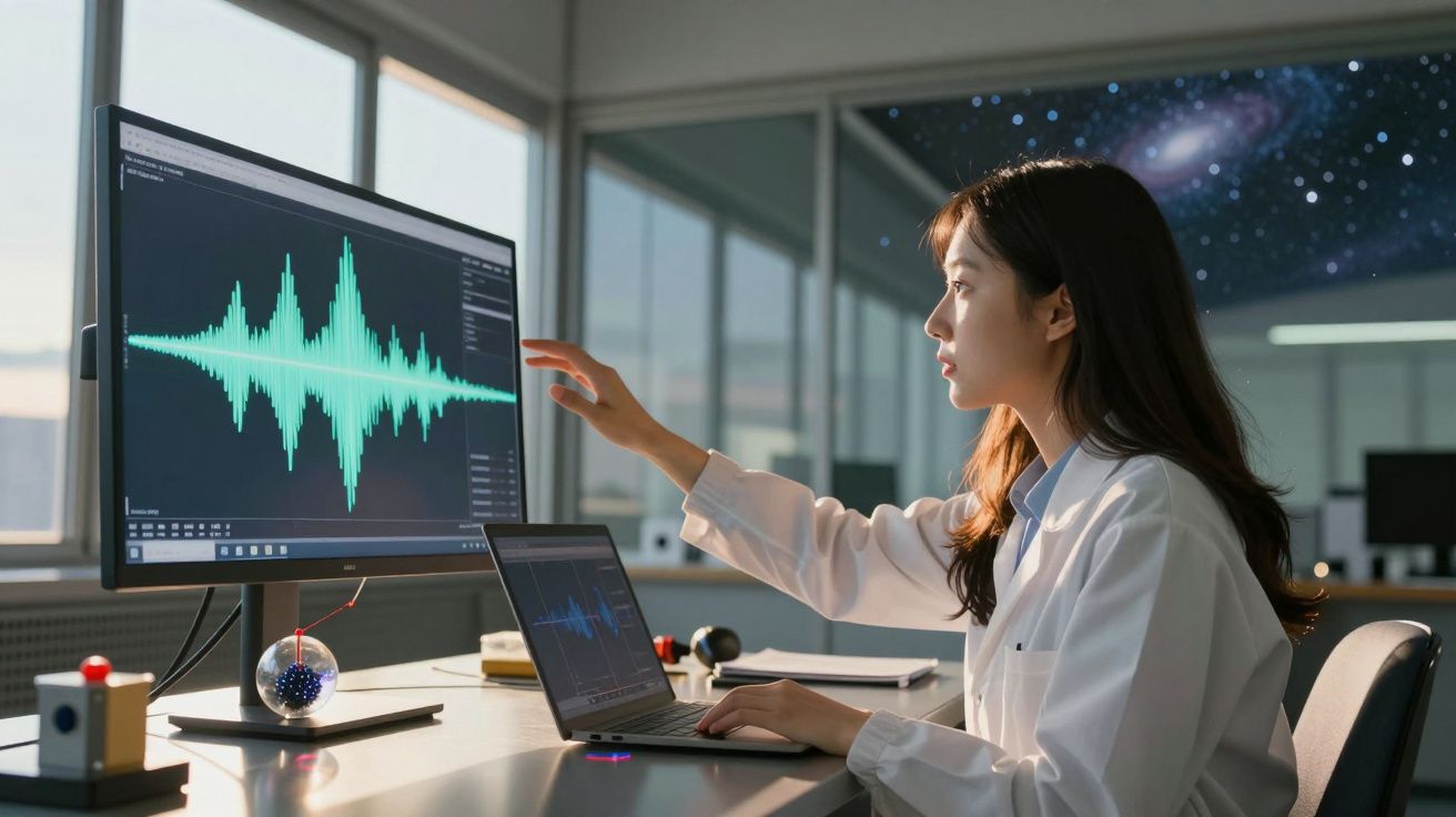Mulher num laboratório a analisar ondas sonoras num ecrã de computador com outra figura no portátil.