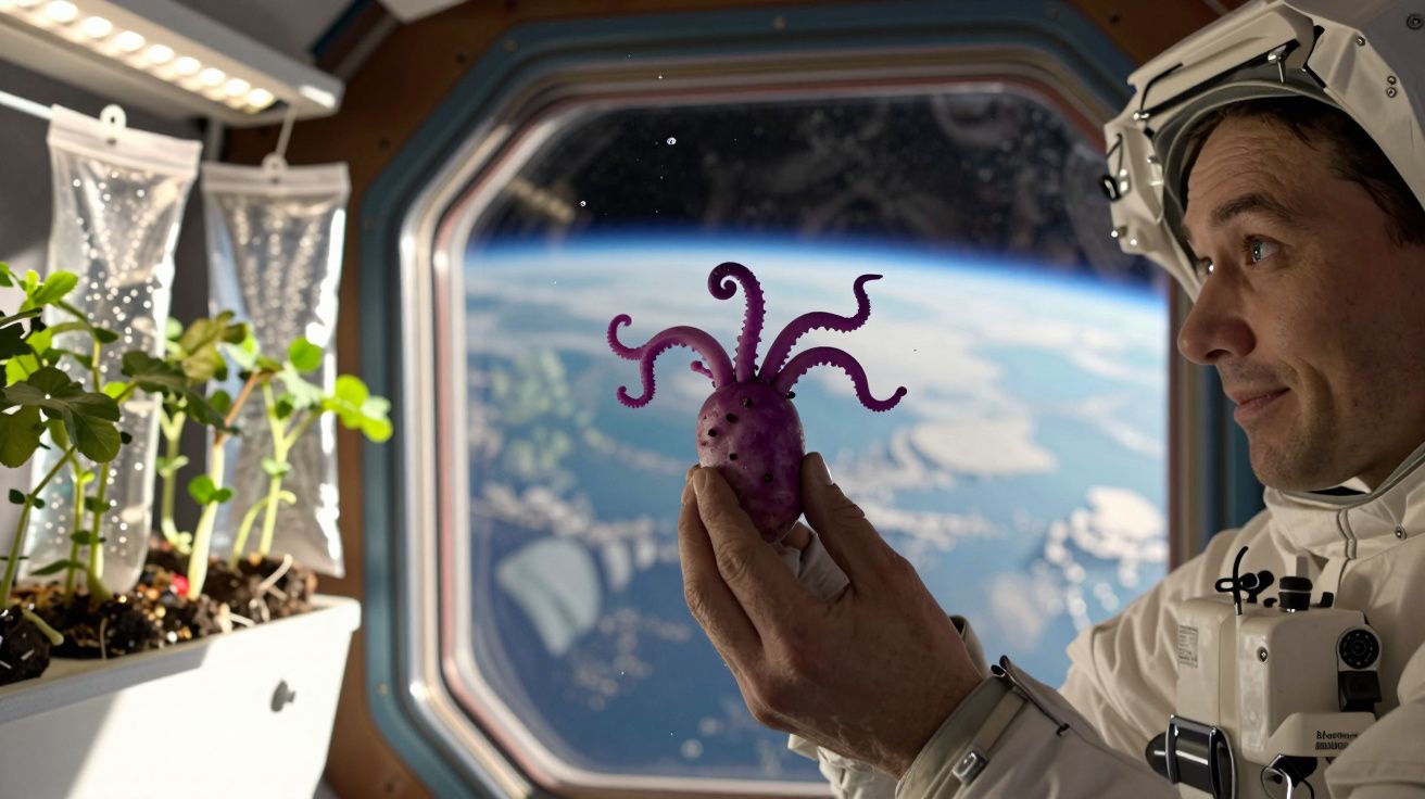 Astronauta na Estação Espacial segura batata decorada como polvo, com vista da Terra pela janela.