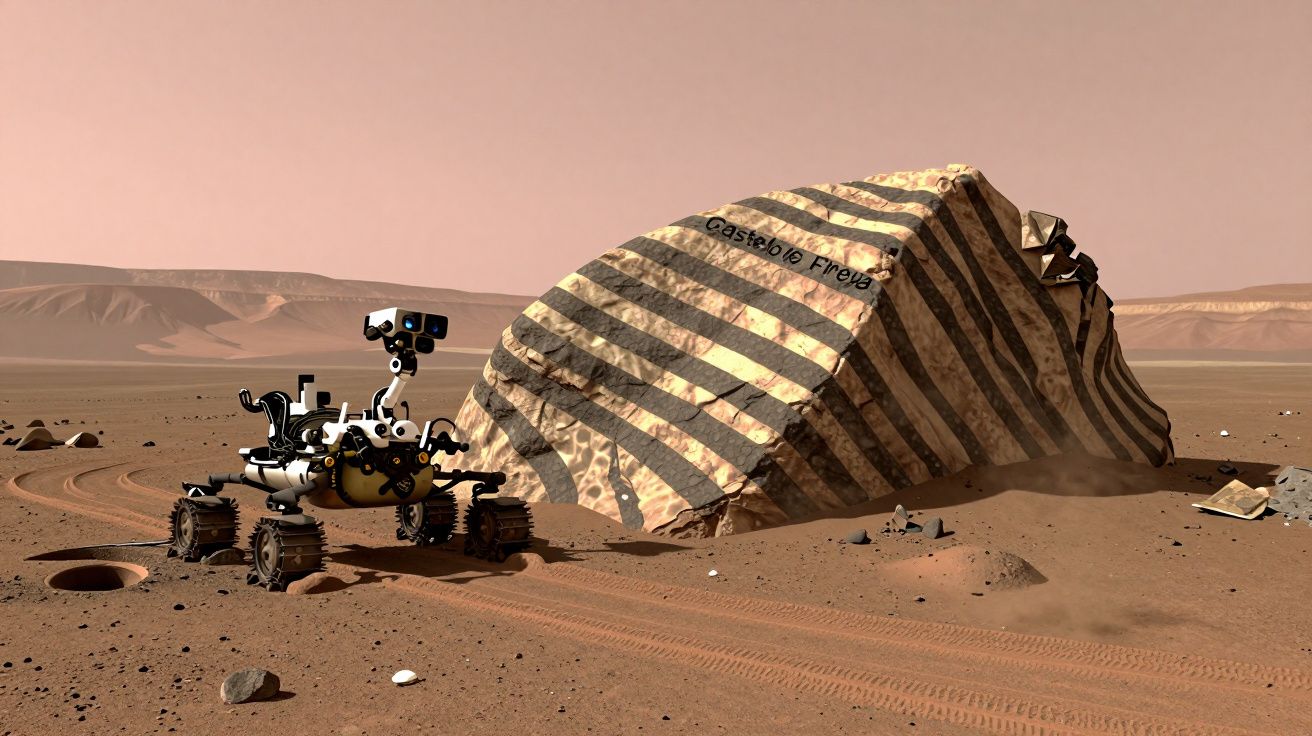 Rover explorando uma paisagem marciana com um grande rochedo coberto por uma lona às riscas.