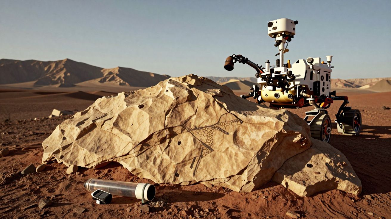 Rover explorador ao lado de rocha no deserto com desenho gravado de animal antigo.