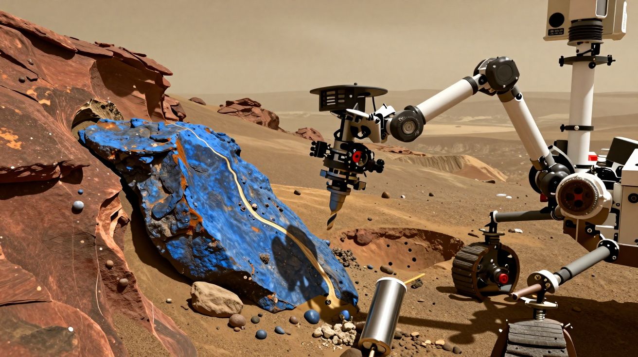 Rover a perfurar rocha azul e dourada no solo vermelho de Marte, com paisagem árida ao fundo.