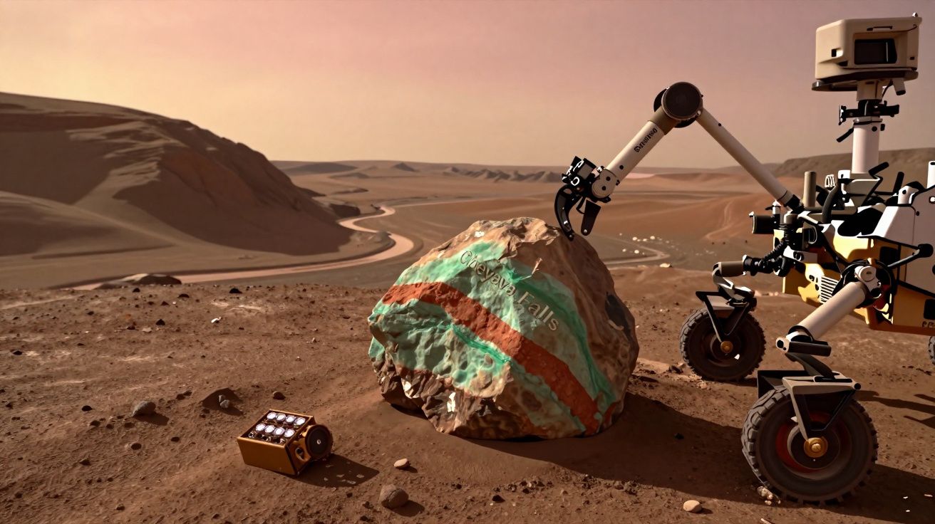 Rover espacial a examinar uma rocha colorida em terreno árido, aparentemente em Marte, sob céu alaranjado.