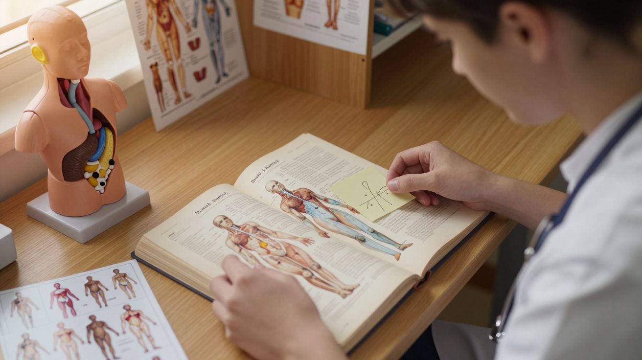 Pessoa a estudar um livro de anatomia humana com modelos e diagramas anatómicos numa mesa.