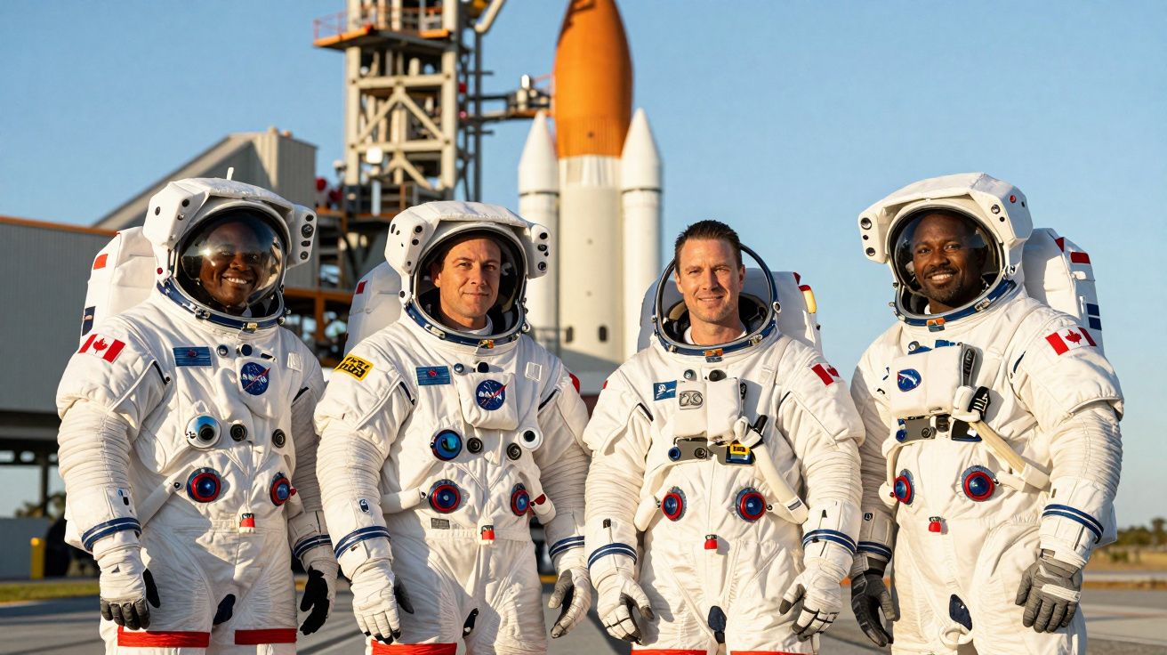Quatro astronautas em fatos espaciais brancos posam em frente a um foguetão na plataforma de lançamento.