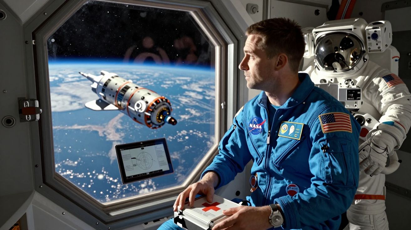 Astronauta com fato azul dentro de estação espacial observa nave e a Terra pelo vidro.