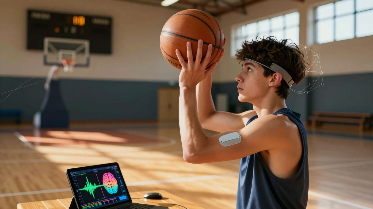 Jovem a preparar-se para lançar uma bola de basquetebol numa quadra, com monitorização numa tablet ao lado.
