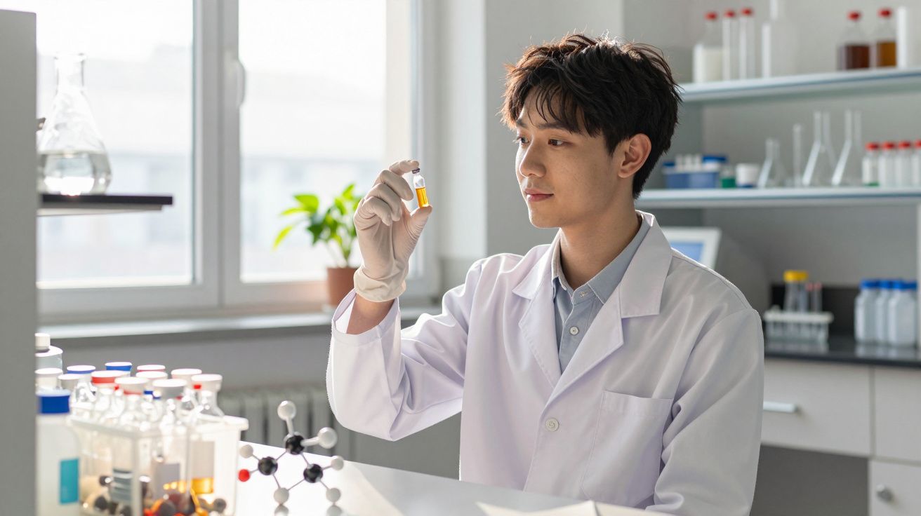 Cientista em bata branca a examinar um frasco com líquido amarelo num laboratório moderno e bem iluminado.