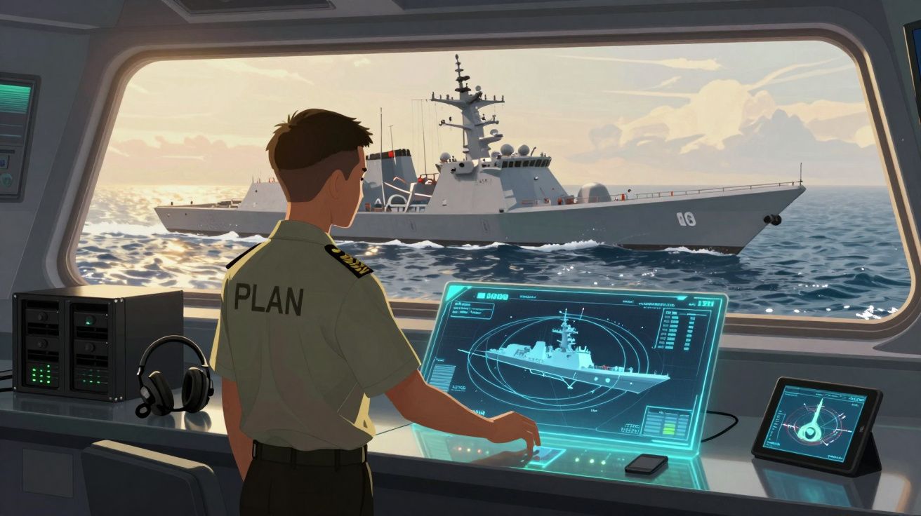 Homem a operar sistema digital numa ponte de comando com navio militar visível no mar ao fundo.