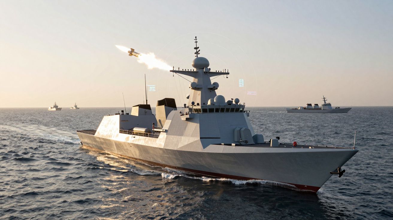 Fragata moderna a lançar míssil no mar ao pôr do sol com outros navios ao fundo.