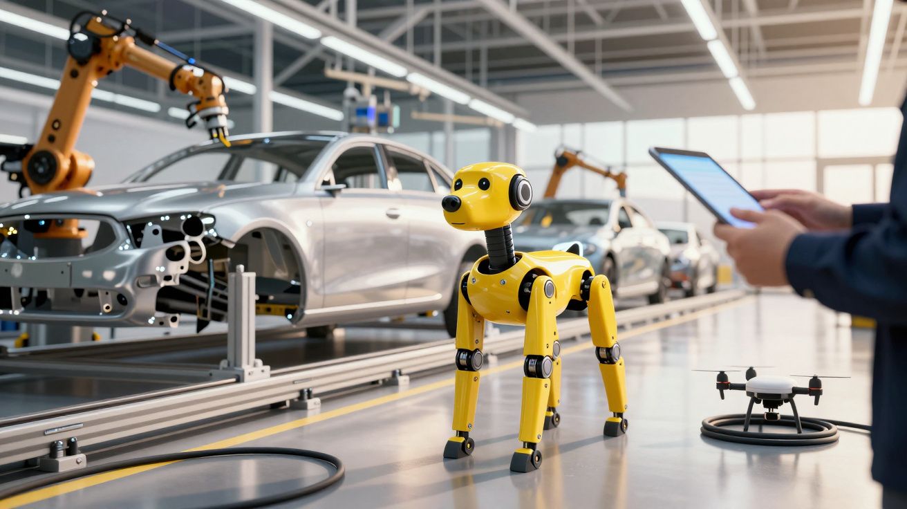 Robo cão amarelo numpista de fabrico automóvel com braços robóticos e um drone ao fundo.