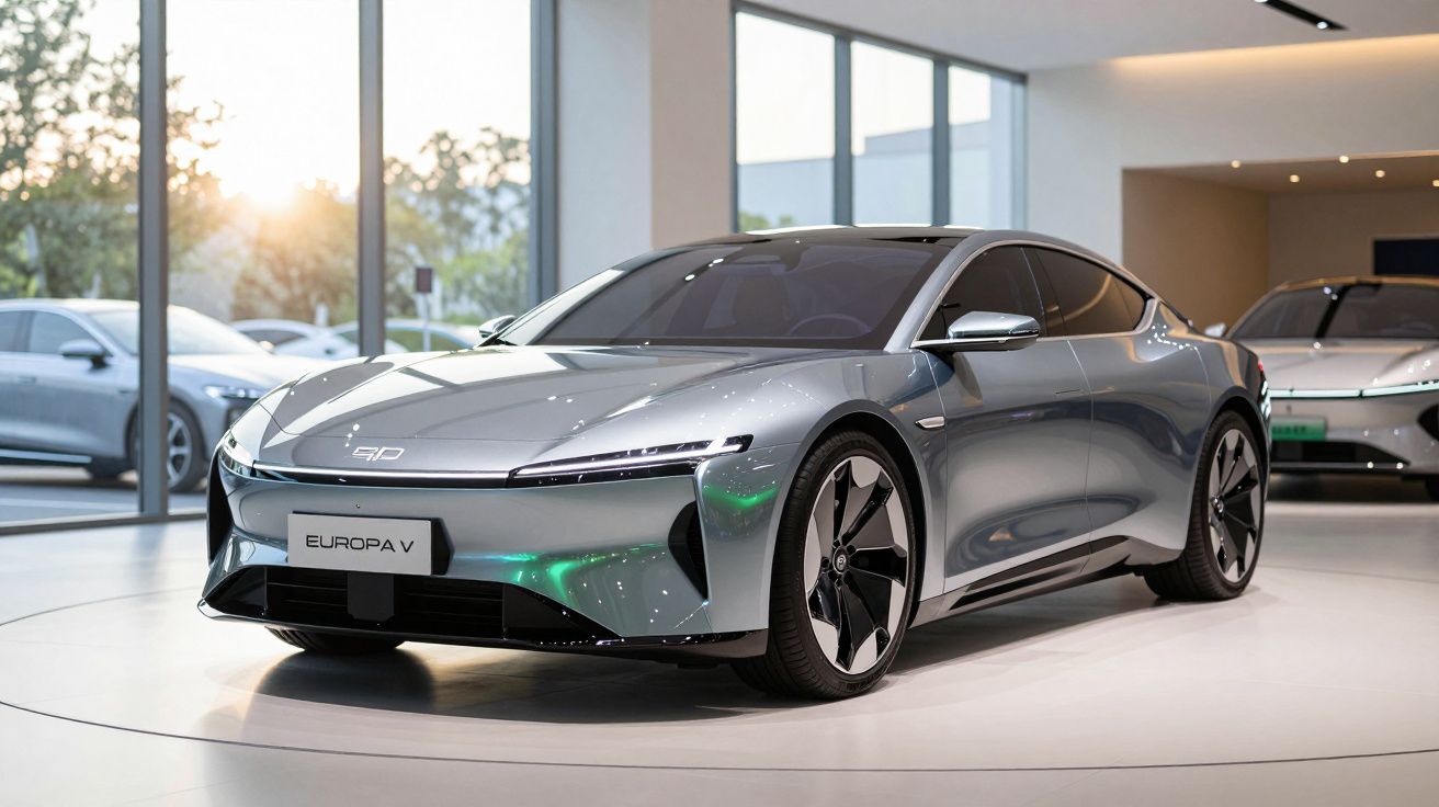 Carro elétrico cinza Europa V em exposição numa sala moderna com luz natural e outros carros ao fundo.