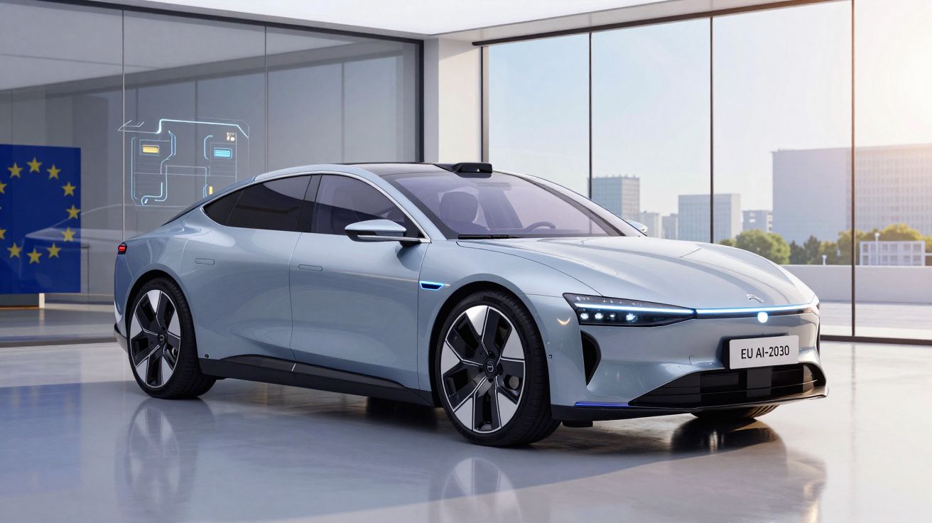 Carro elétrico cinzento moderno estacionado num showroom futurista com vista para a cidade.