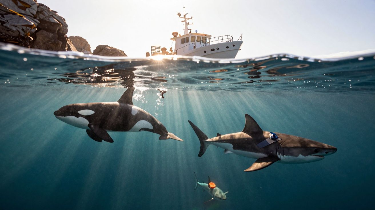 Orca e tubarão a nadar junto à superfície, com barco e rochas ao fundo sob luz solar.