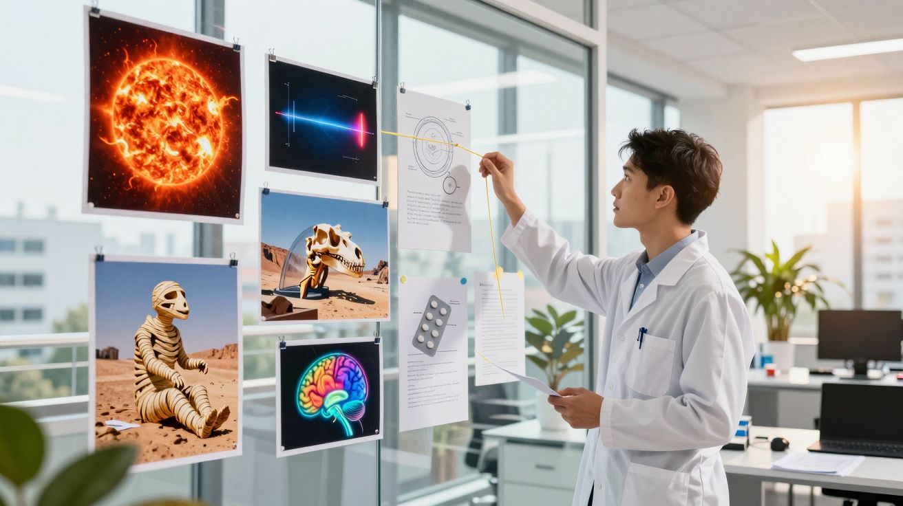 Cientista com bata branca analisa esquema científico e imagens coladas numa parede de vidro num escritório moderno.