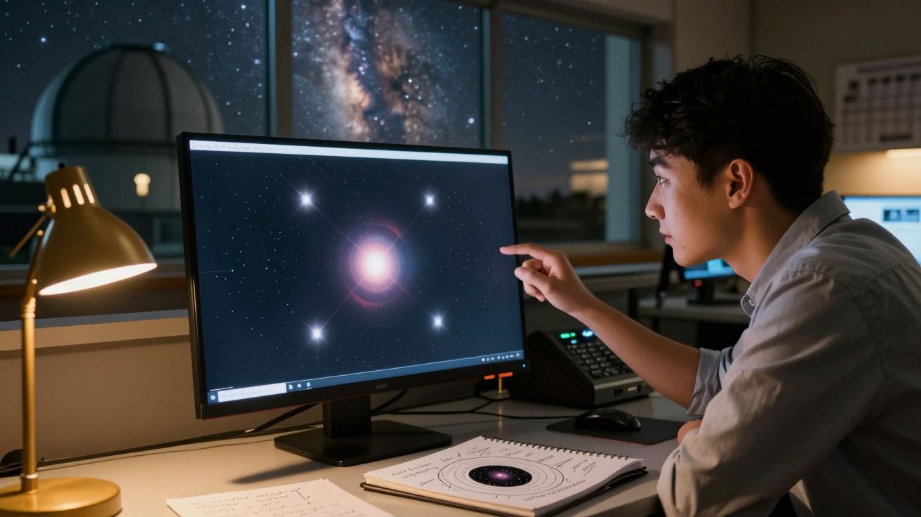 Homem jovem analisa imagem digital de estrelas e galáxia numa tela de computador num laboratório de astronomia.