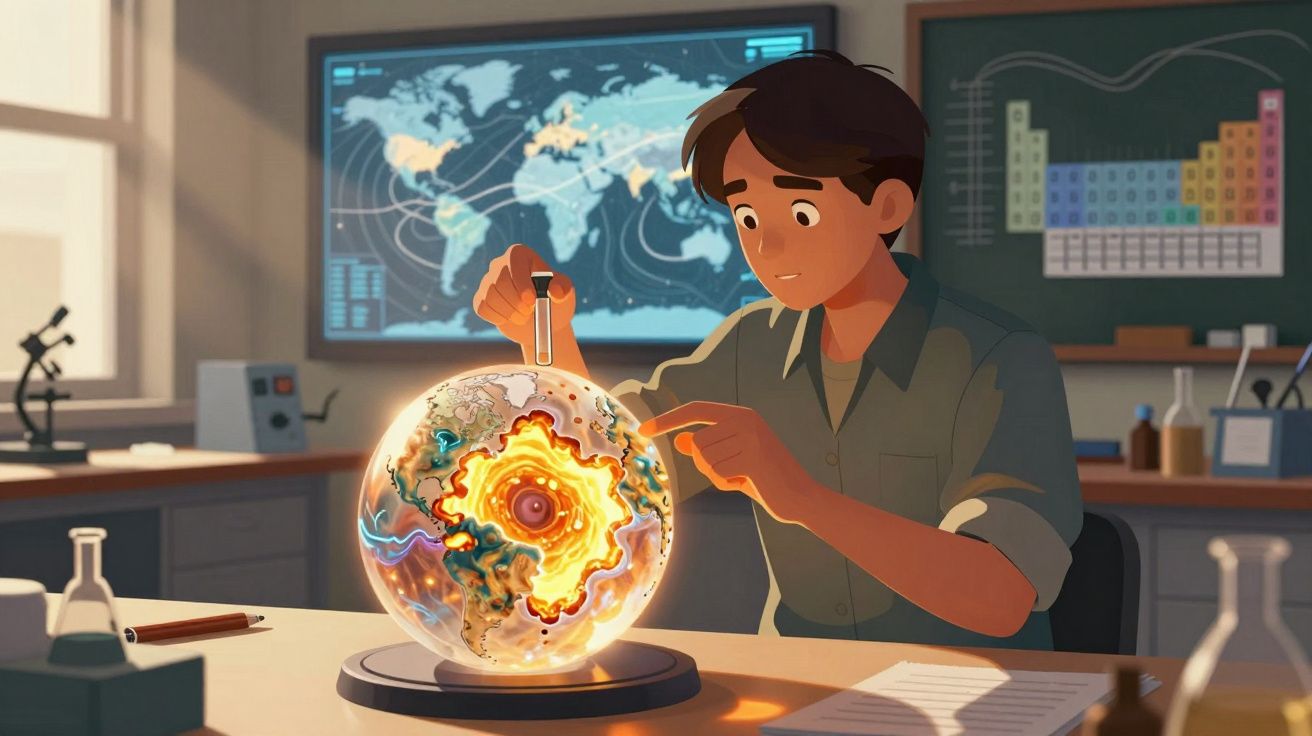 Jovem cientista estuda modelo luminoso da estrutura interna da Terra numa sala de aula.