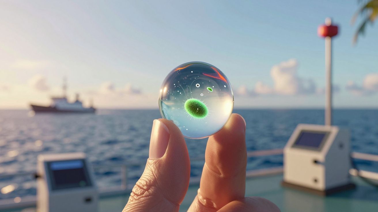 Mão a segurar globo transparente com micro-organismo verde, com mar e barco ao fundo.