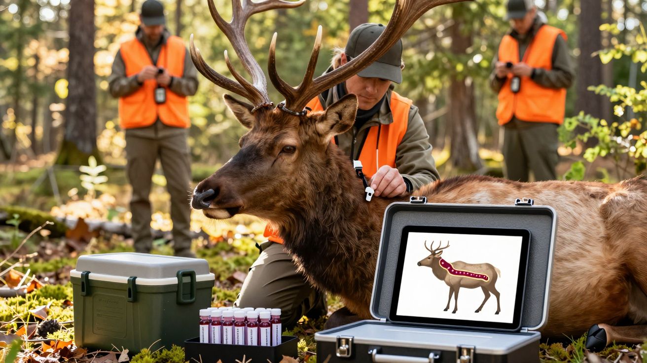 Caçadores com coletes laranja a analisar um veado com equipamento científico numa floresta.