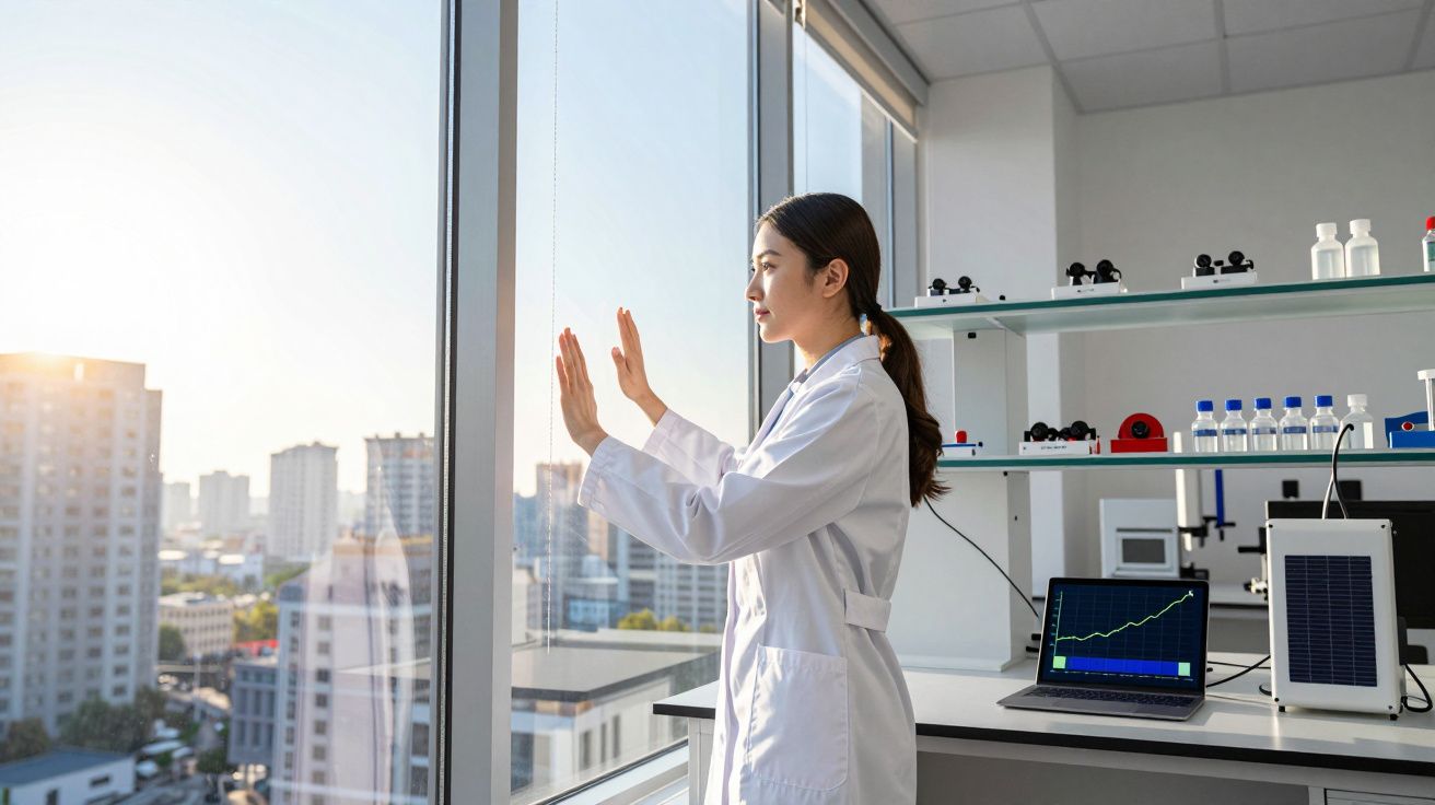 Cientista de bata branca olhando para o exterior através de uma janela num laboratório moderno.