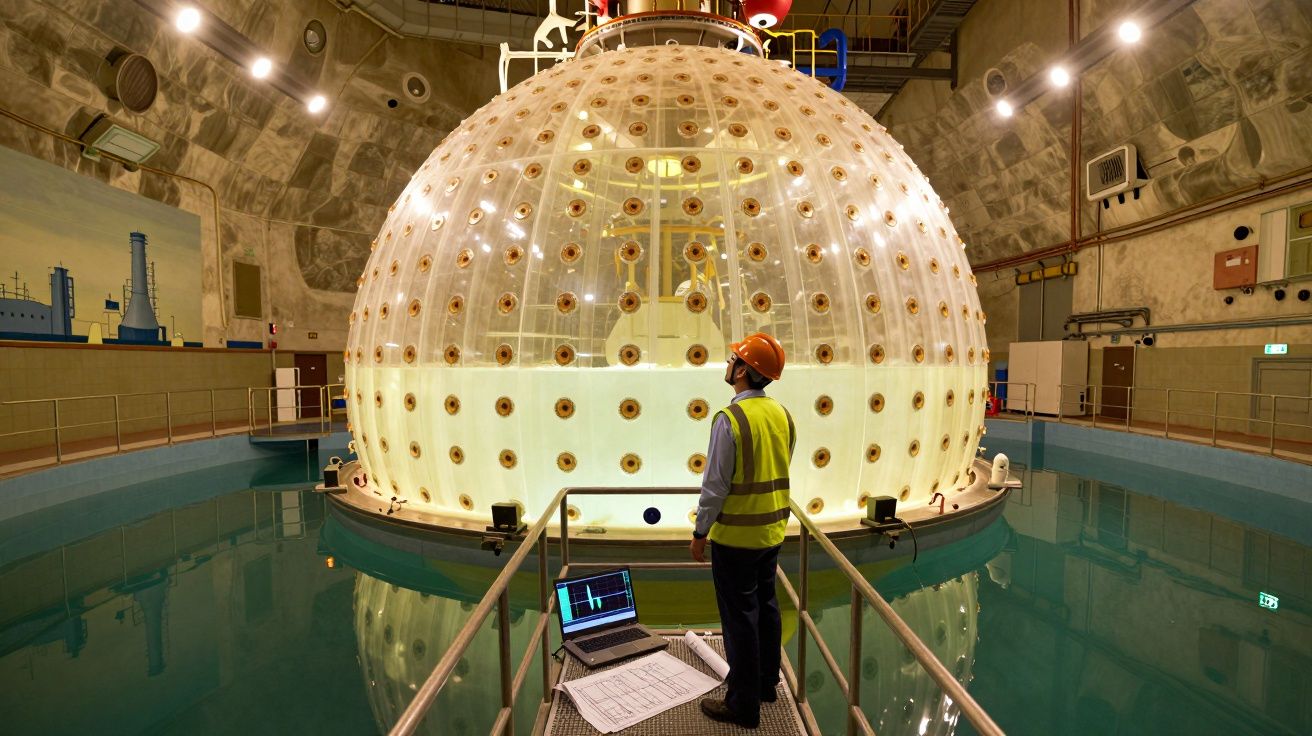 Homem com colete e capacete analisa reator nuclear numa instalação industrial com água em redor.