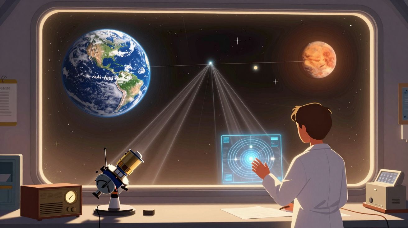 Pessoa a controlar sistema de radar espacial com vista para a Terra, planeta Marte e satélite no espaço.
