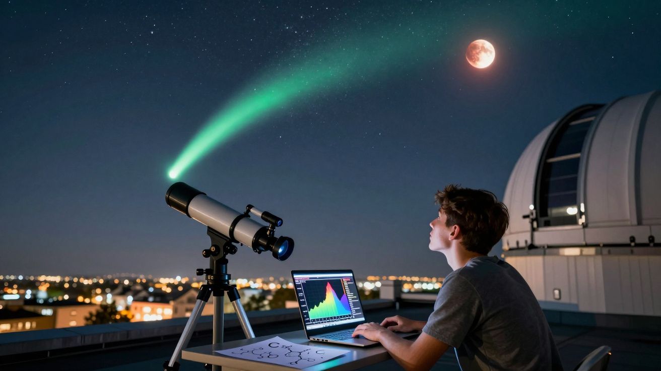 Jovem observa céu noturno com telescópio e computador, focado na lua e nuvens verdes brilhantes.