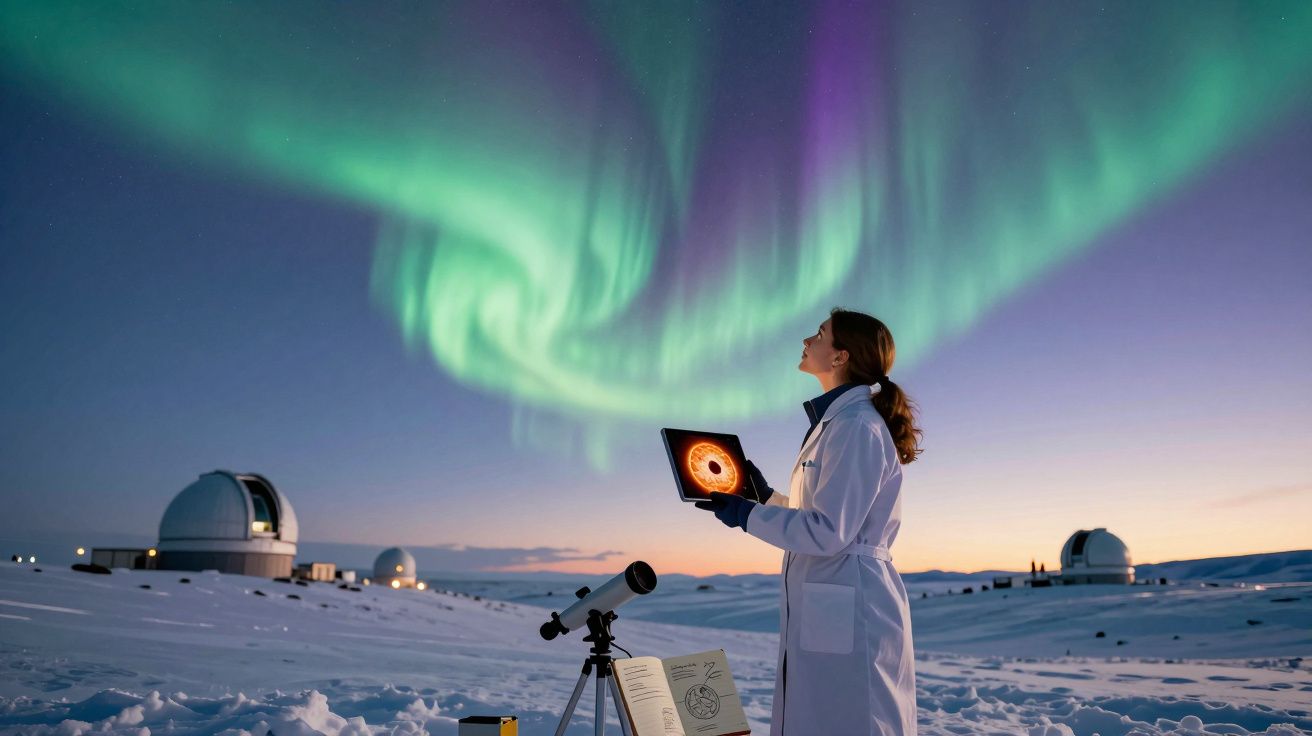 Mulher com bata branca observa aurora boreal enquanto segura tablet, perto de telescópio e observatório na neve.